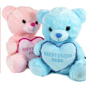 OSO ROSA Y CELESTE CON CORAZON BIENVENIDOS 35CM